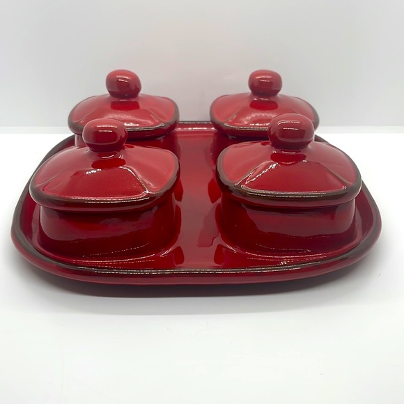 Pottery Barn Ceramic Condiment Dish, with Lids. Deep red, with brown accents. - Picture 4 of 8